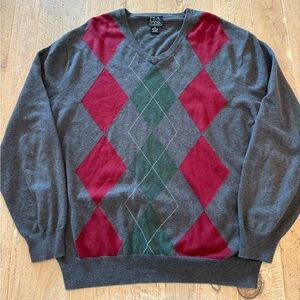 Jos. A. Bank Charcoal V-Neck Argyle Sweater with Red & Green Diamonds XL